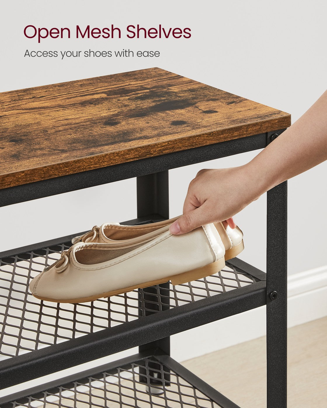 Shelf Storage Bench with Metal Mesh Shelves and Seat - image 4
