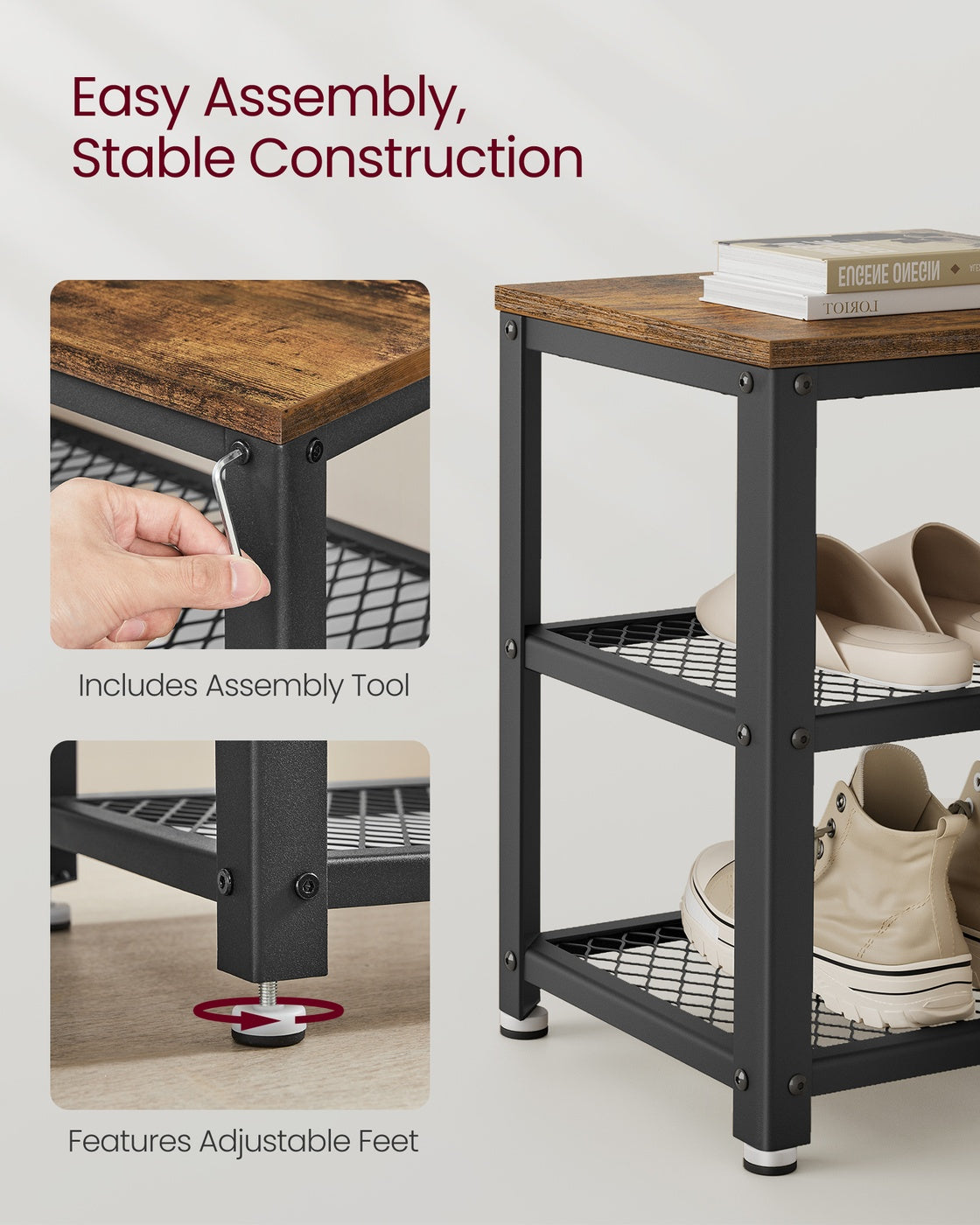 Shelf Storage Bench with Metal Mesh Shelves and Seat - image 6