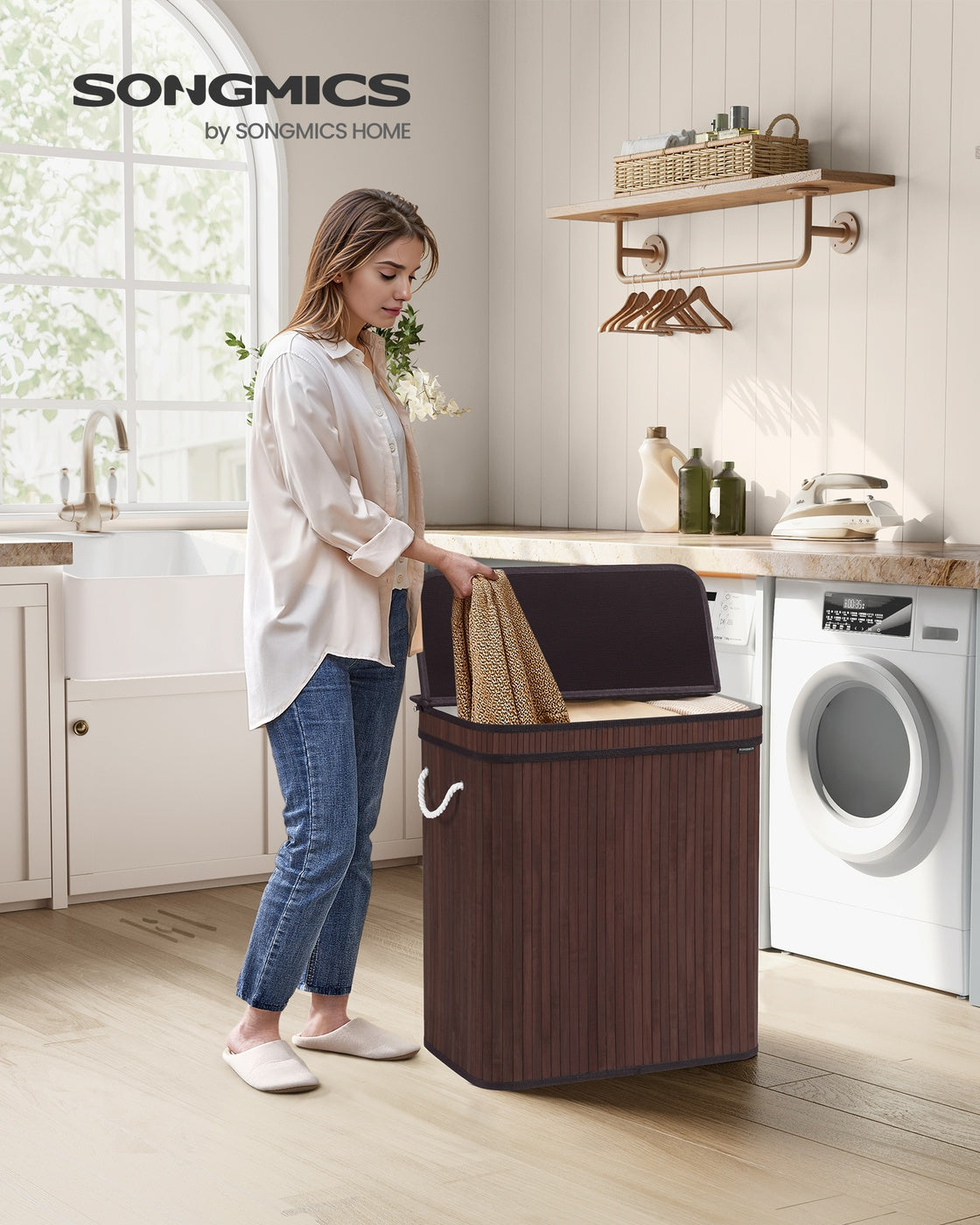 Folding Laundry Hamper with Lid, Bamboo Laundry Basket with Removable Liner Bag, Handles