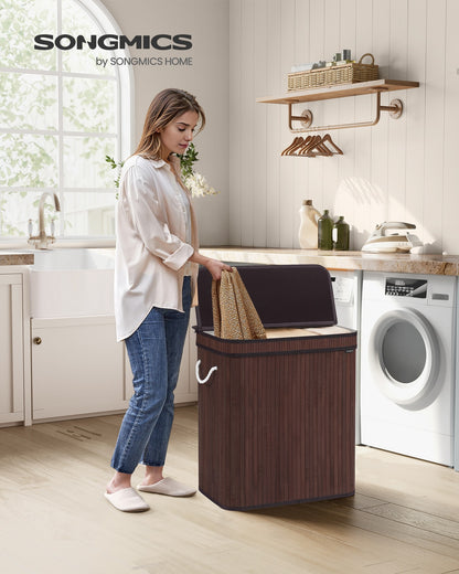 Folding Laundry Hamper with Lid, Bamboo Laundry Basket with Removable Liner Bag, Handles