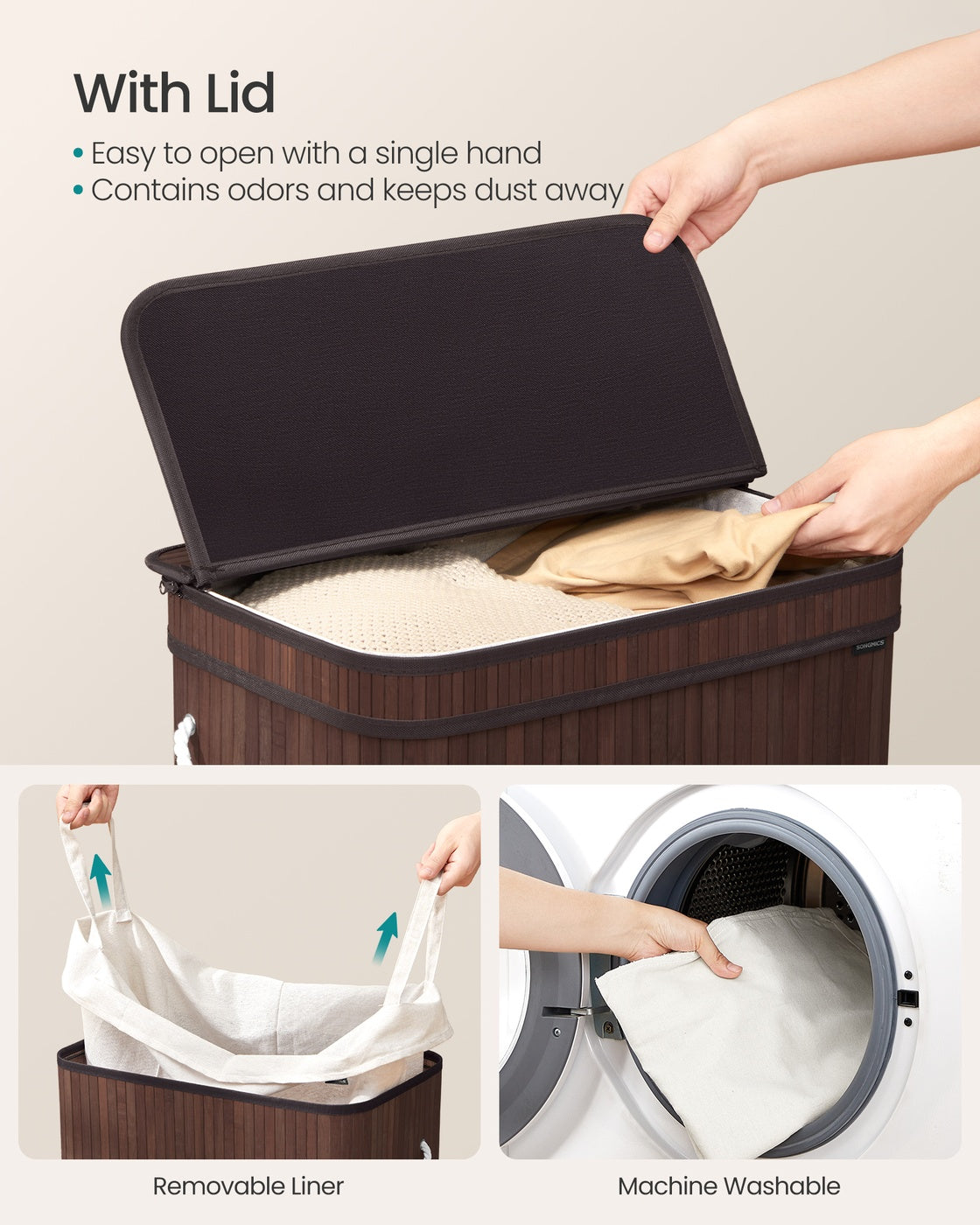 Folding Laundry Hamper with Lid, Bamboo Laundry Basket with Removable Liner Bag, Handles