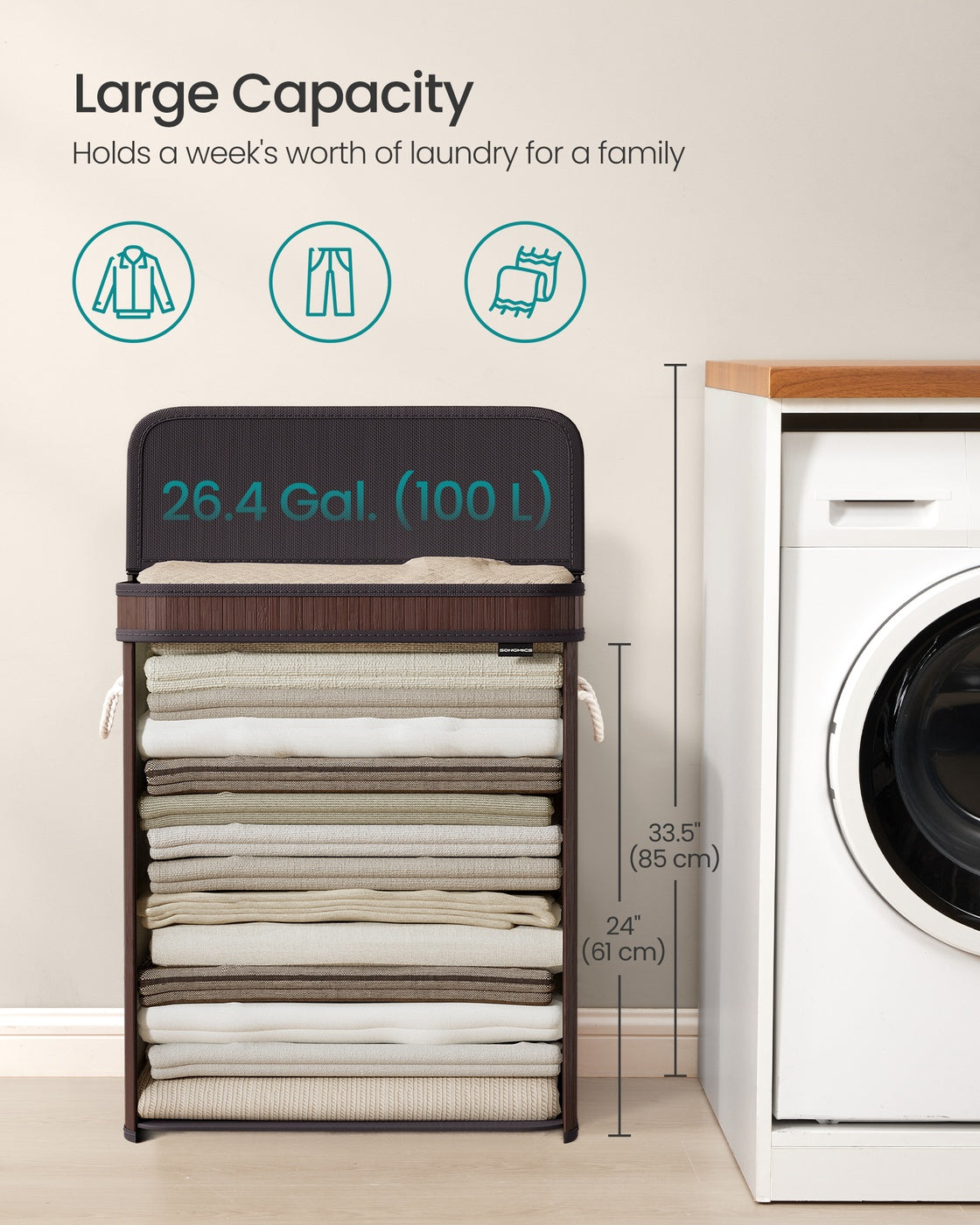 Folding Laundry Hamper with Lid, Bamboo Laundry Basket with Removable Liner Bag, Handles