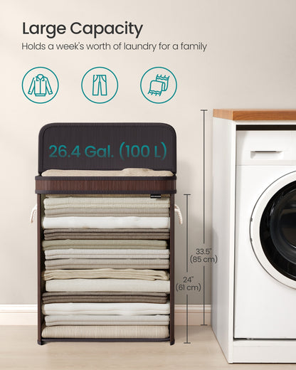 Folding Laundry Hamper with Lid, Bamboo Laundry Basket with Removable Liner Bag, Handles
