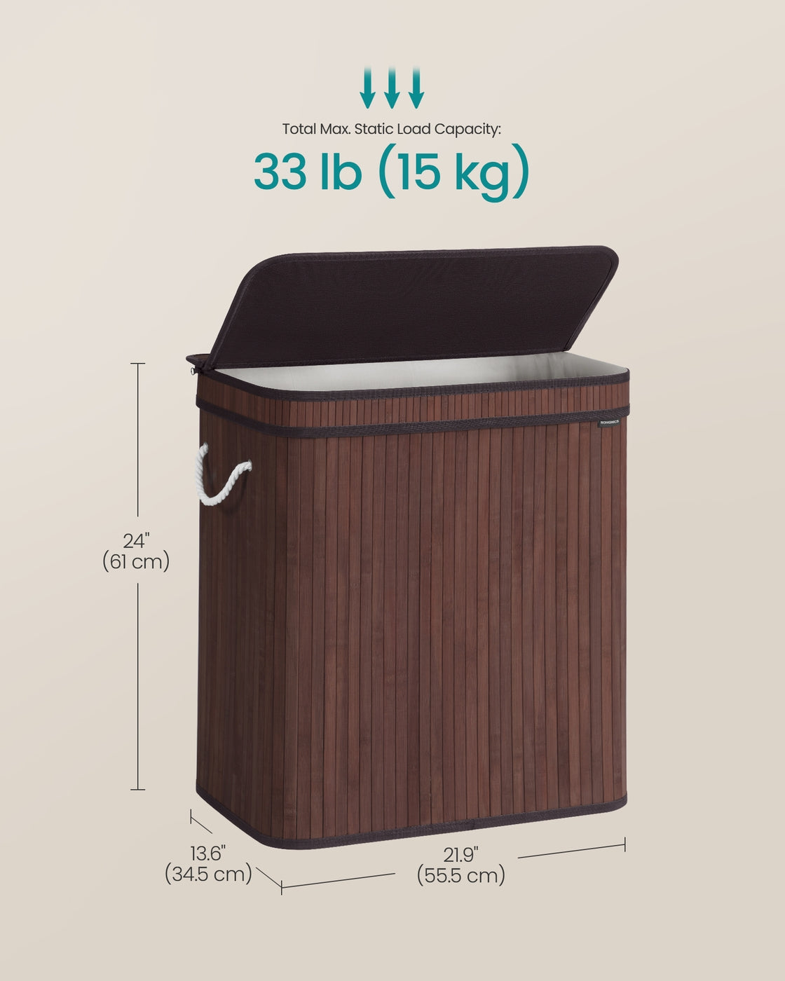 Folding Laundry Hamper with Lid, Bamboo Laundry Basket with Removable Liner Bag, Handles