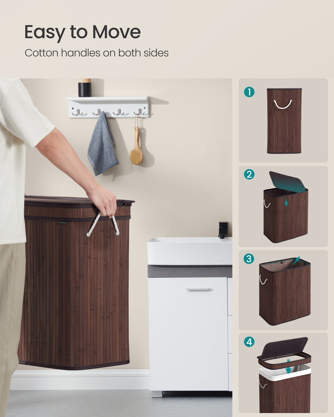 Folding Laundry Hamper with Lid, Bamboo Laundry Basket with Removable Liner Bag, Handles