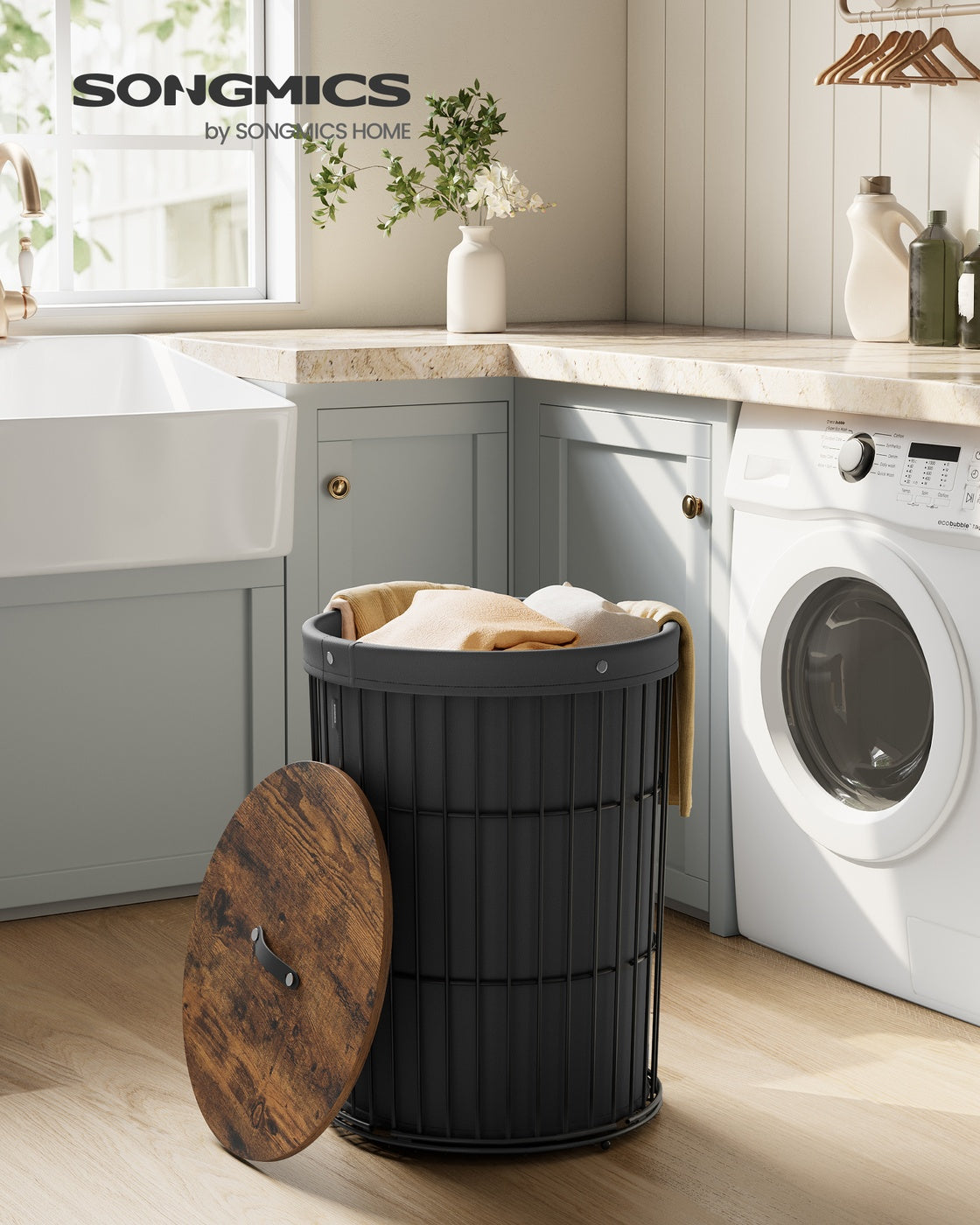 Round Laundry Hamper with Lid, 25 Gallons, Black - image 2