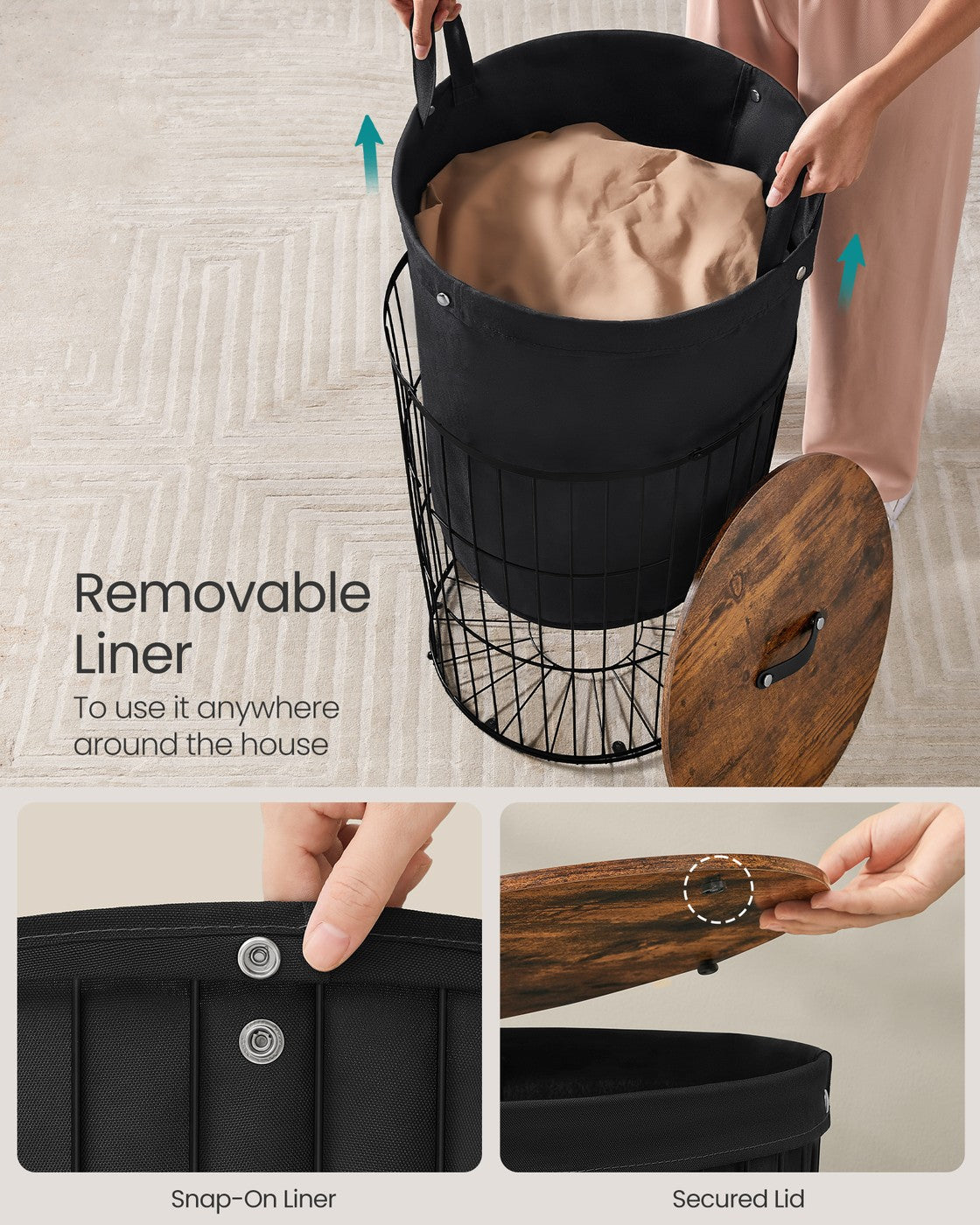 Round Laundry Hamper with Lid, 25 Gallons, Black - image 5
