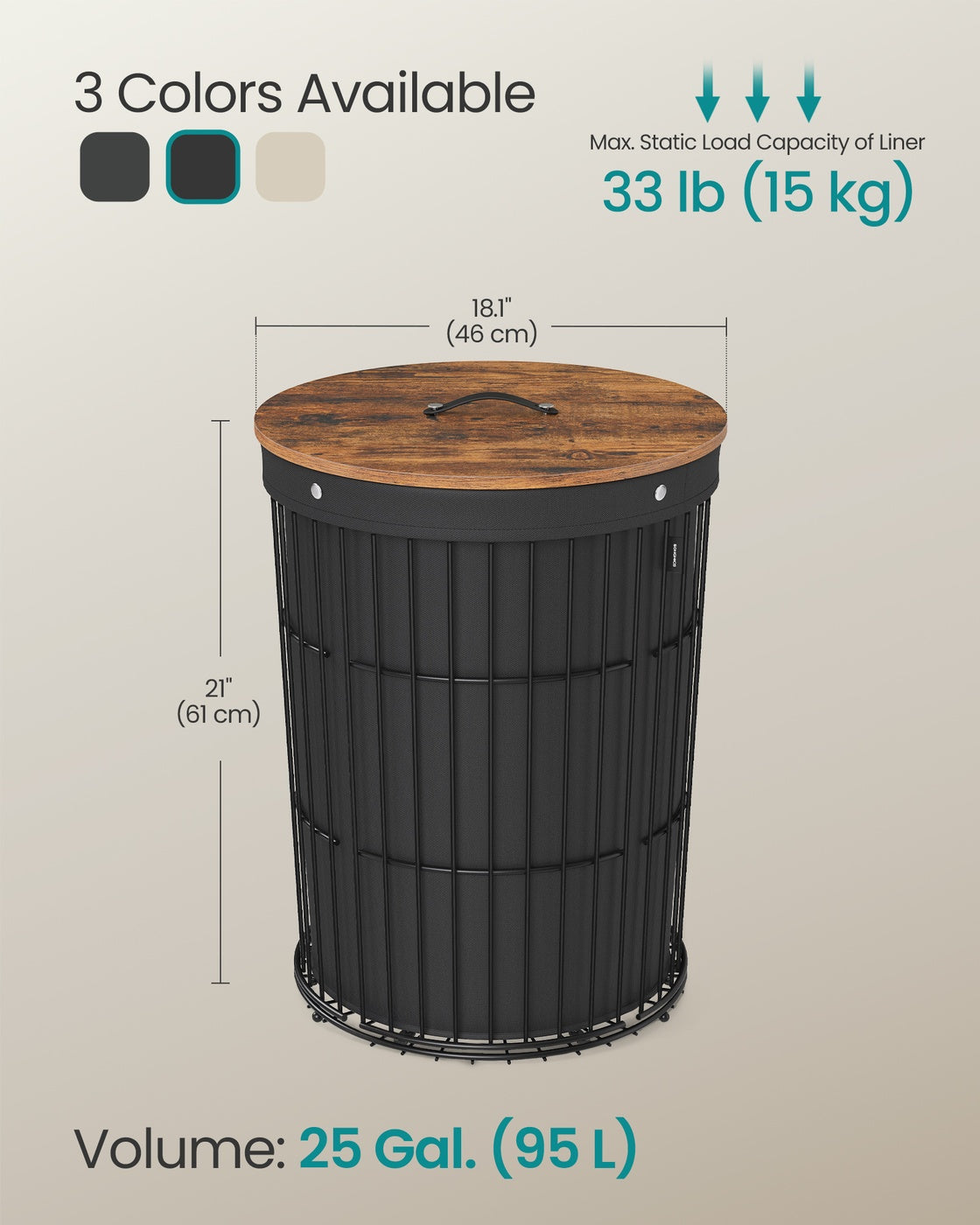 Round Laundry Hamper with Lid, 25 Gallons, Black - image 6