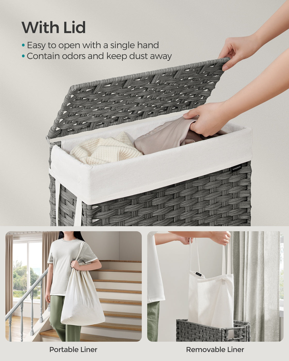 Slim Rattan Laundry Hamper with Lid and Handles, 14.5 Gallon (55L)