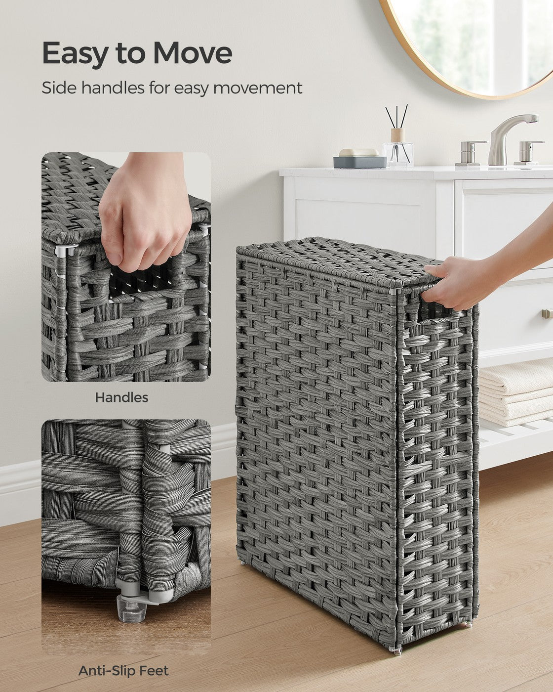 Slim Rattan Laundry Hamper with Lid and Handles, 14.5 Gallon (55L)