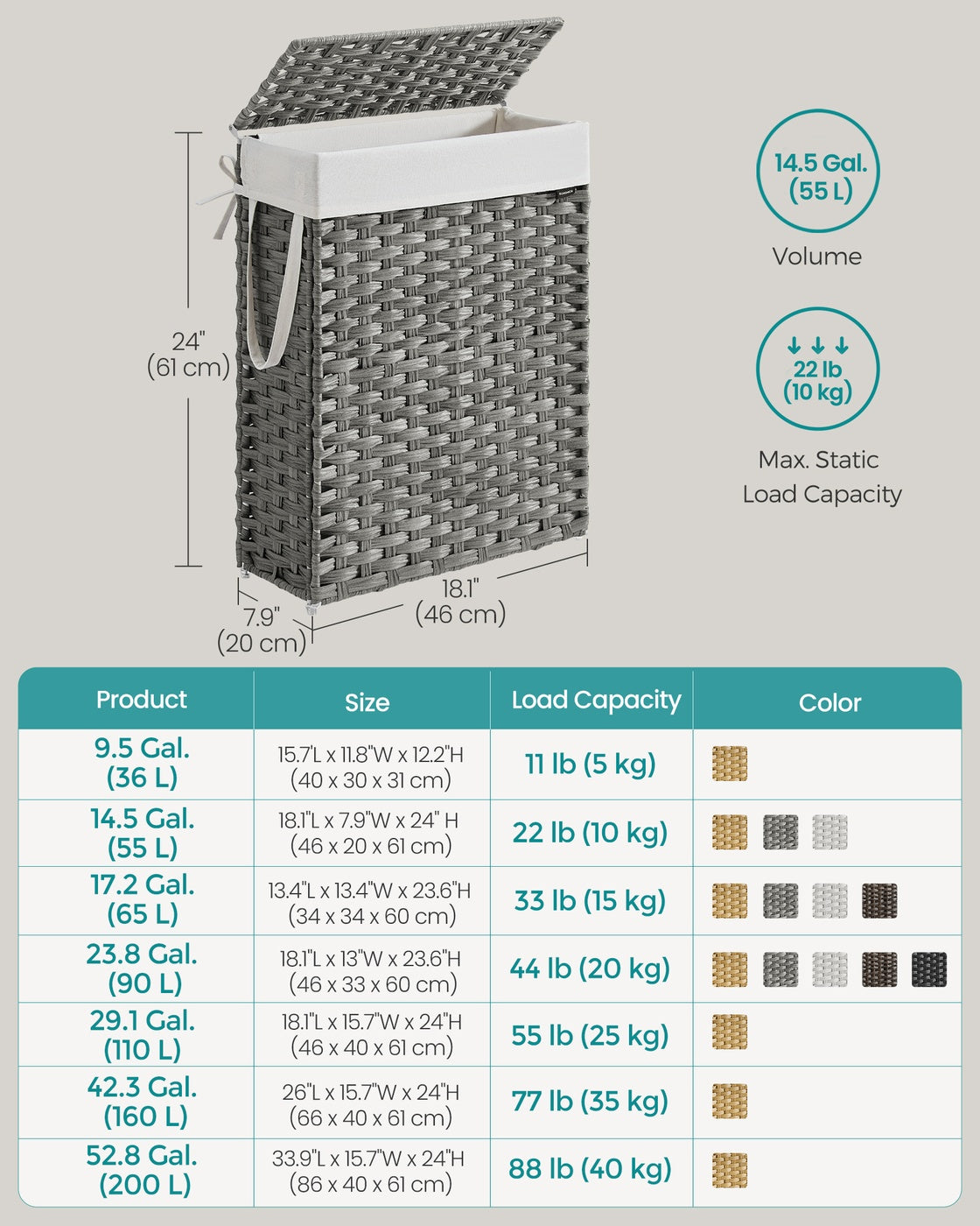 Slim Rattan Laundry Hamper with Lid and Handles, 14.5 Gallon (55L)