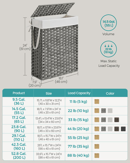 Slim Rattan Laundry Hamper with Lid and Handles, 14.5 Gallon (55L)