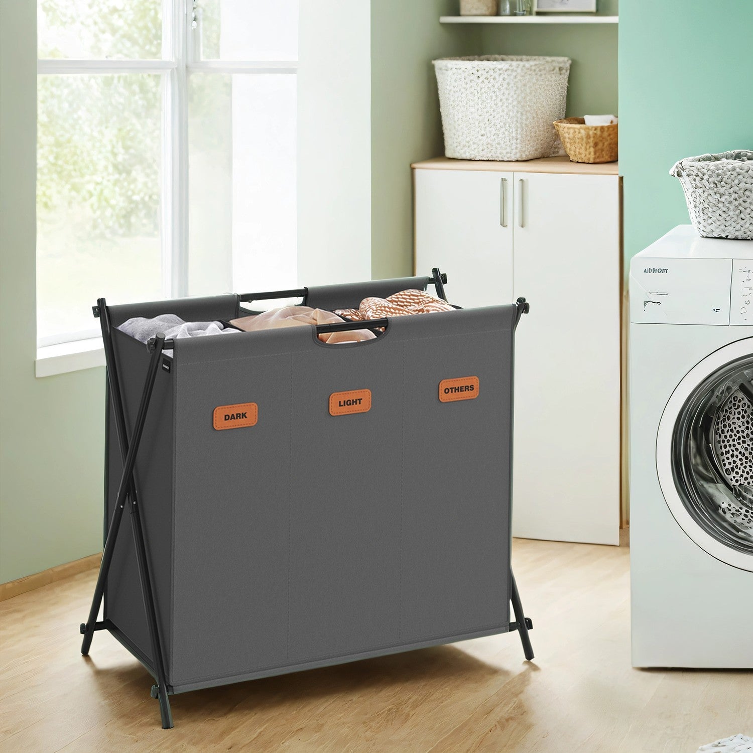 Foldable three section laundry basket with labels - image 1