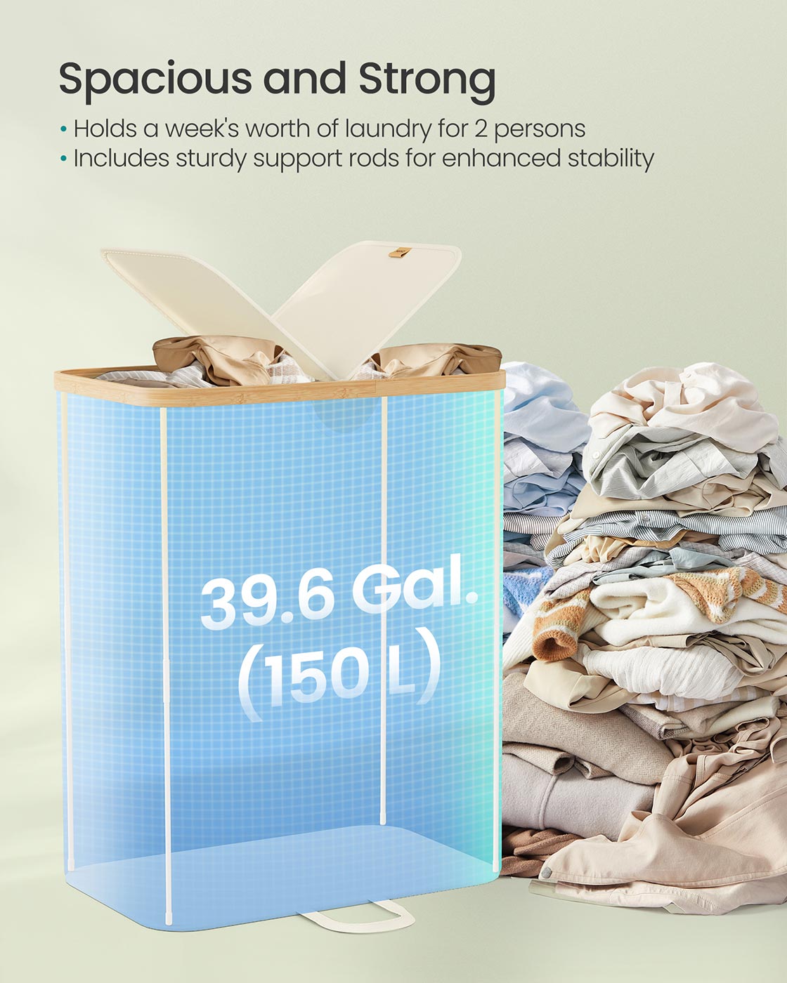 Laundry Hamper 2 Compartments 39 Gal. (150 L) Cream White and Light Bamboo - image 3