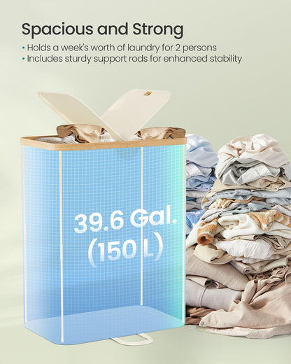 Laundry Hamper 2 Compartments 39 Gal. (150 L) Cream White and Light Bamboo - image 3