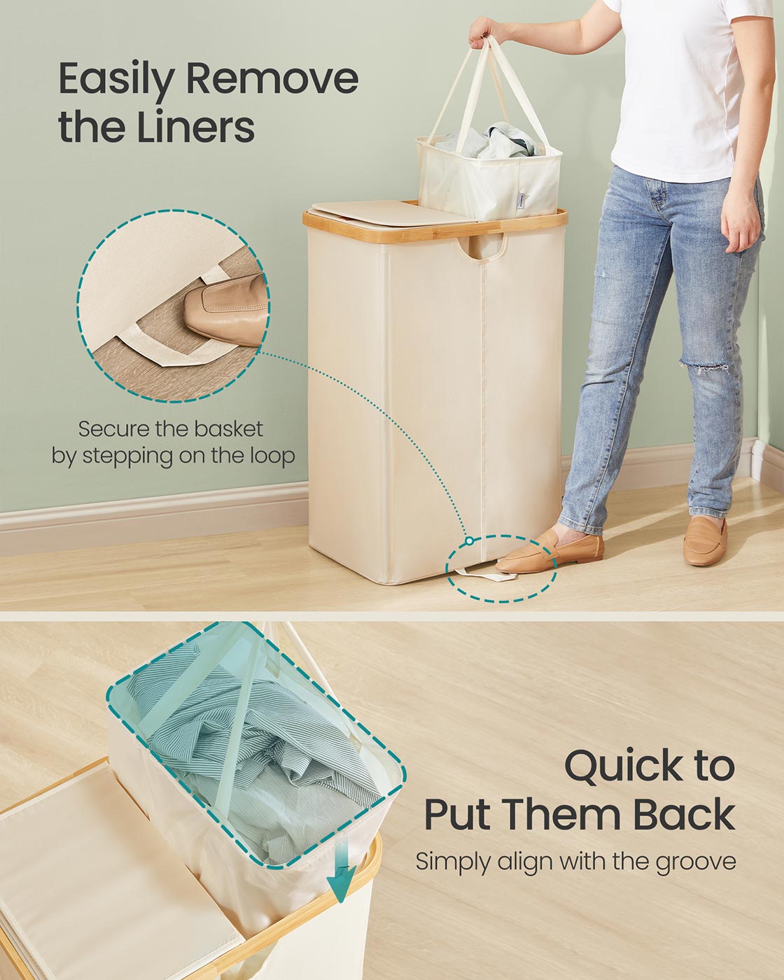 Laundry Hamper 2 Compartments 39 Gal. (150 L) Cream White and Light Bamboo - image 5