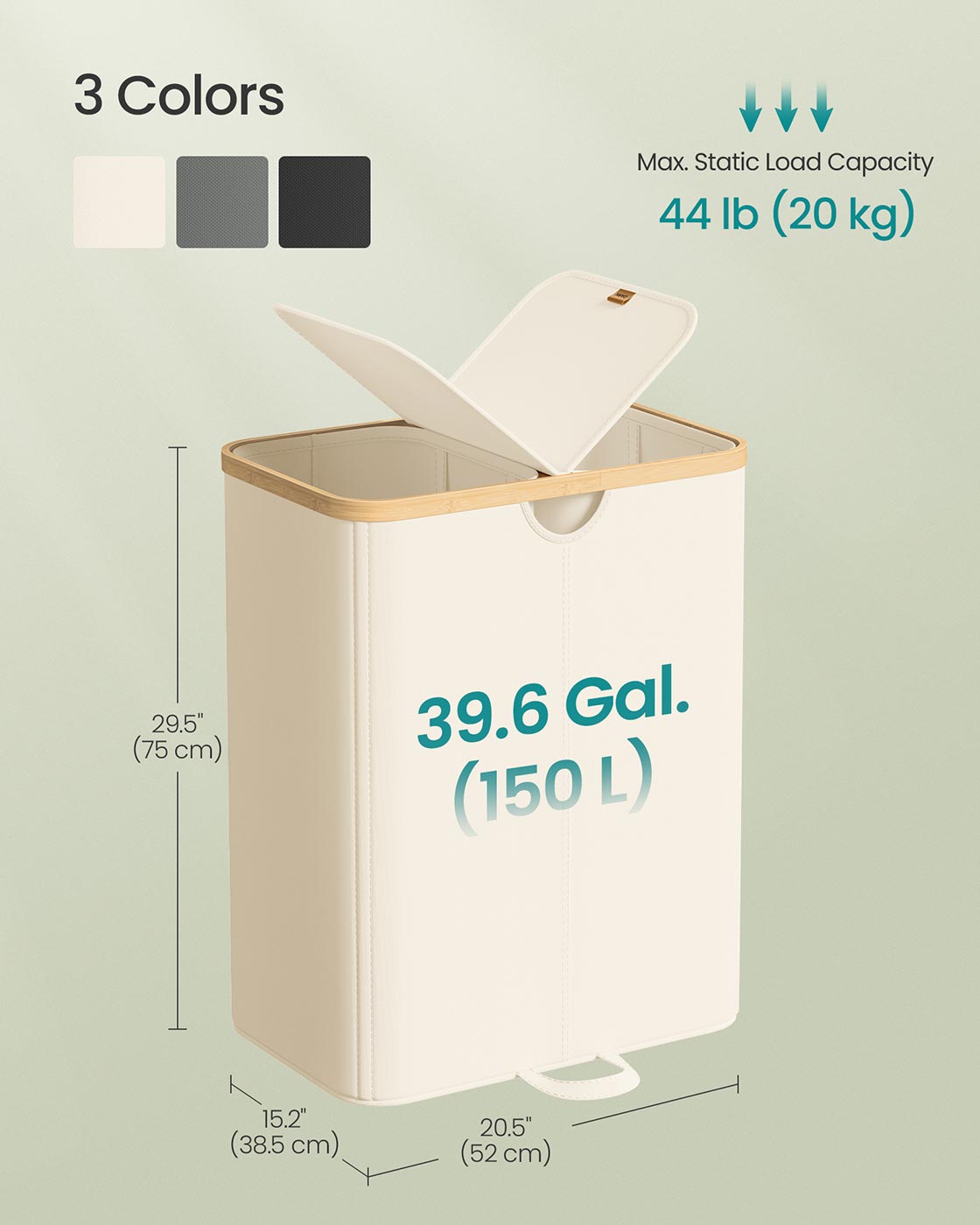 Laundry Hamper 2 Compartments 39 Gal. (150 L) Cream White and Light Bamboo - image 6