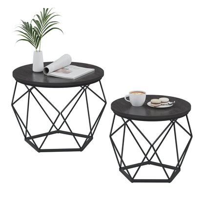 Round Coffee Table with Steel Frame Set of 2 - Charcoal Gray + Ink Black / 23.6"D x 23.6"W x 17.7"H