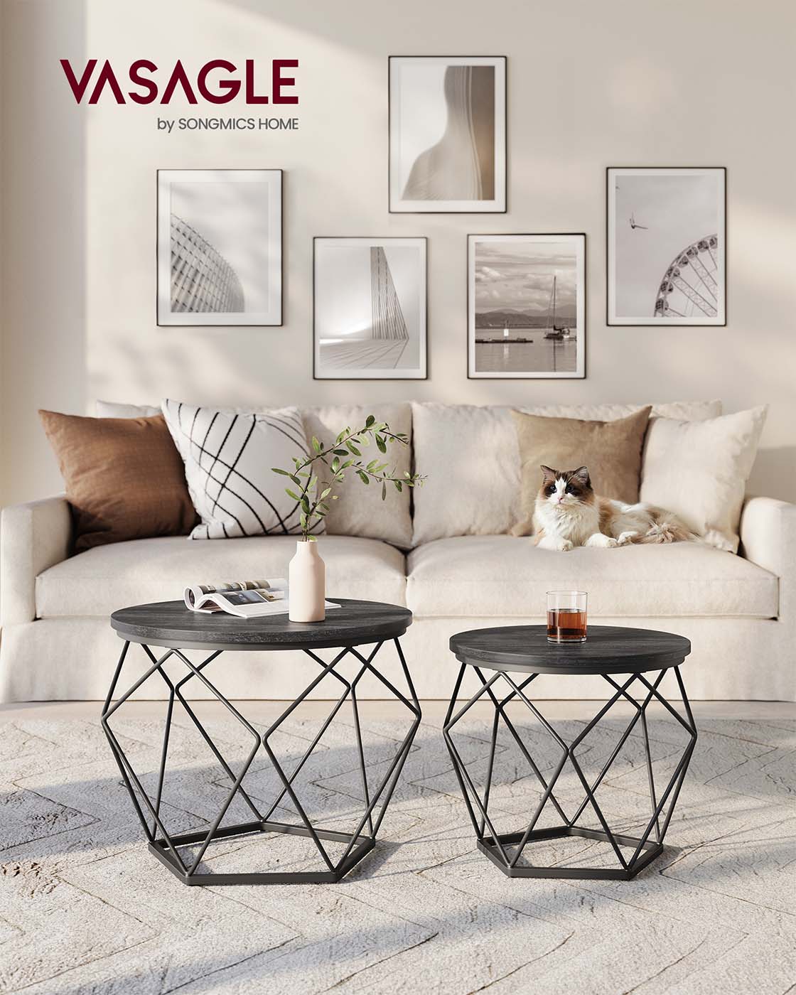 Round Coffee Table with Steel Frame Set of 2