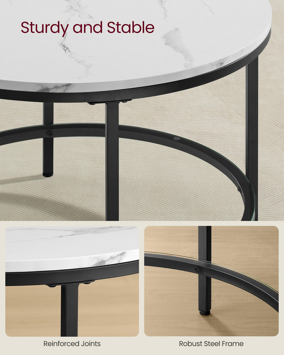 Round Coffee Table with Faux Marble Top and Glass Storage Shelf