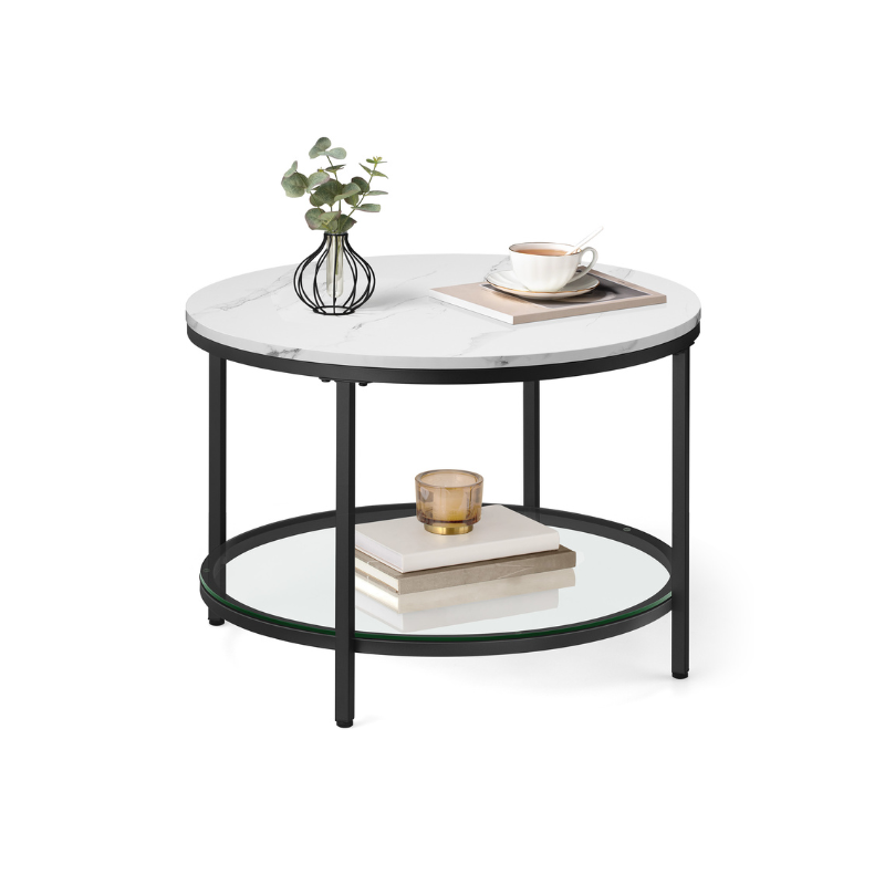 Round Coffee Table with Faux Marble Top and Glass Storage Shelf
