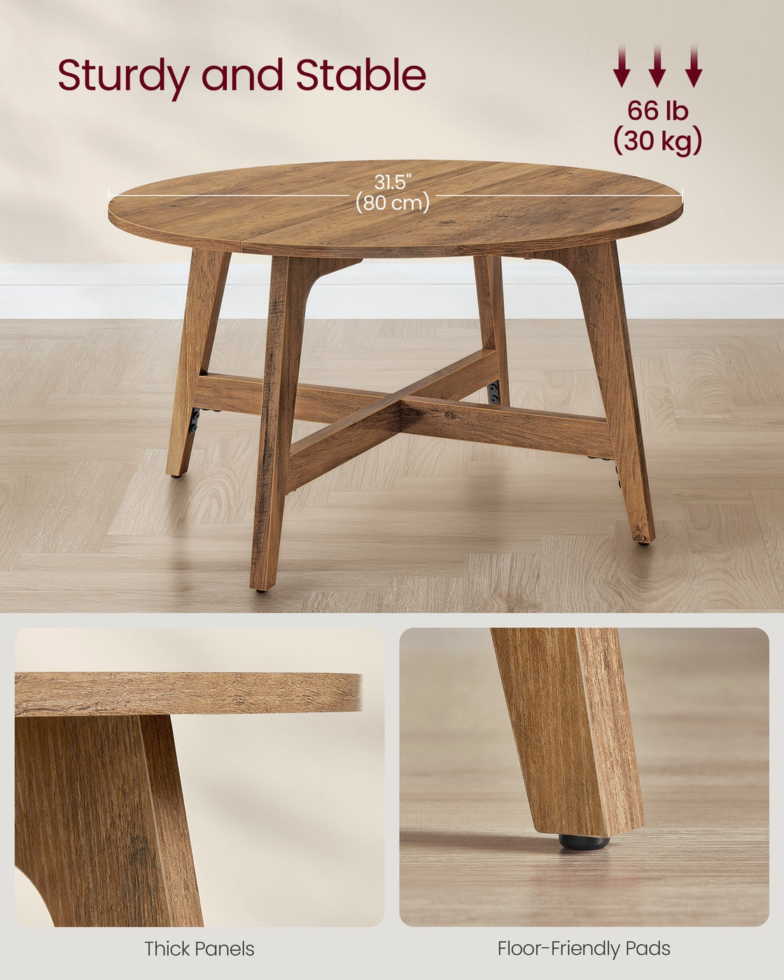Round Coffee Table, 31.5 Inches, Honey Brown - image 3