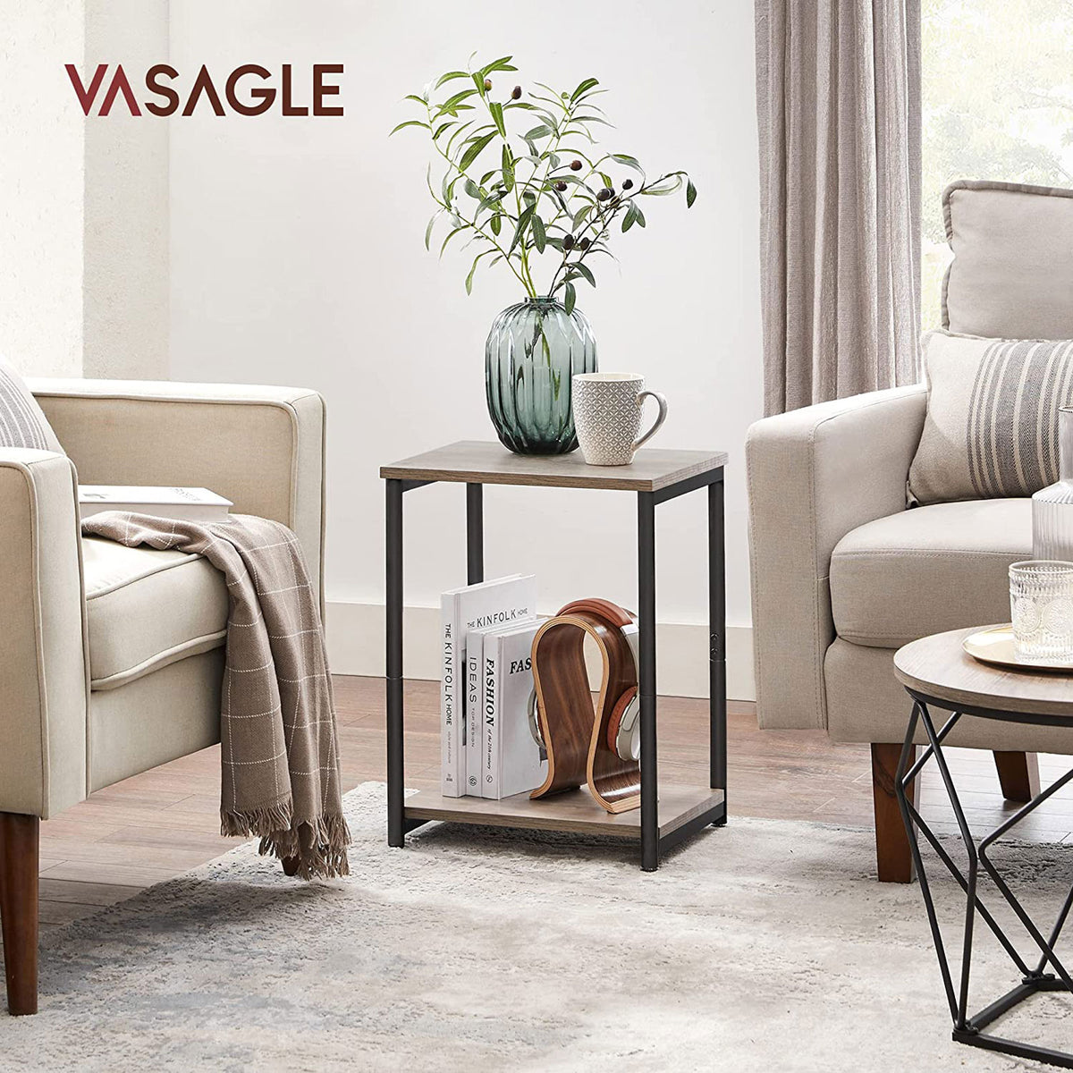 End Tables Set of 2, Side Tables with Storage Shelf, Slim Night Tables, Steel Frame