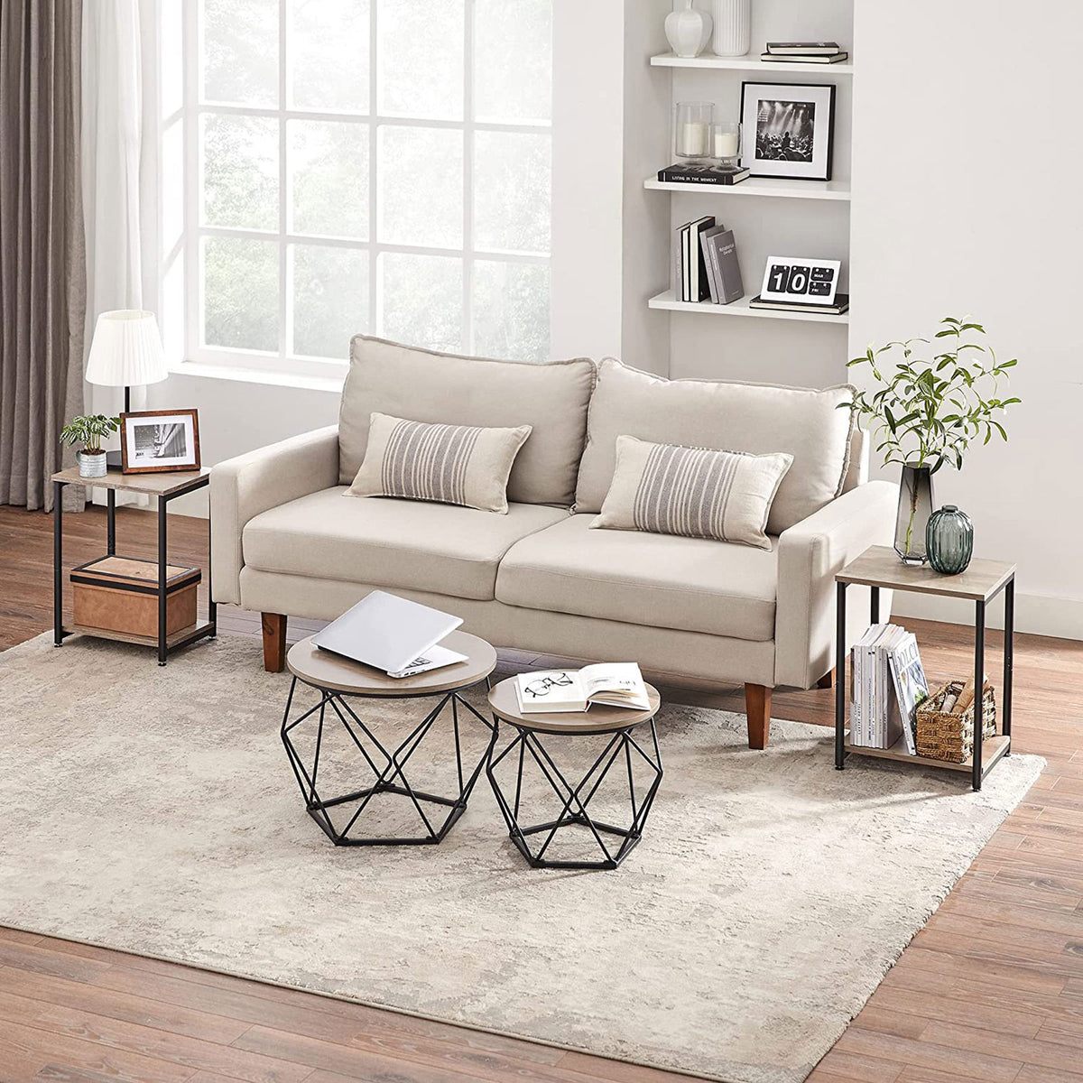 End Tables Set of 2, Side Tables with Storage Shelf, Slim Night Tables, Steel Frame