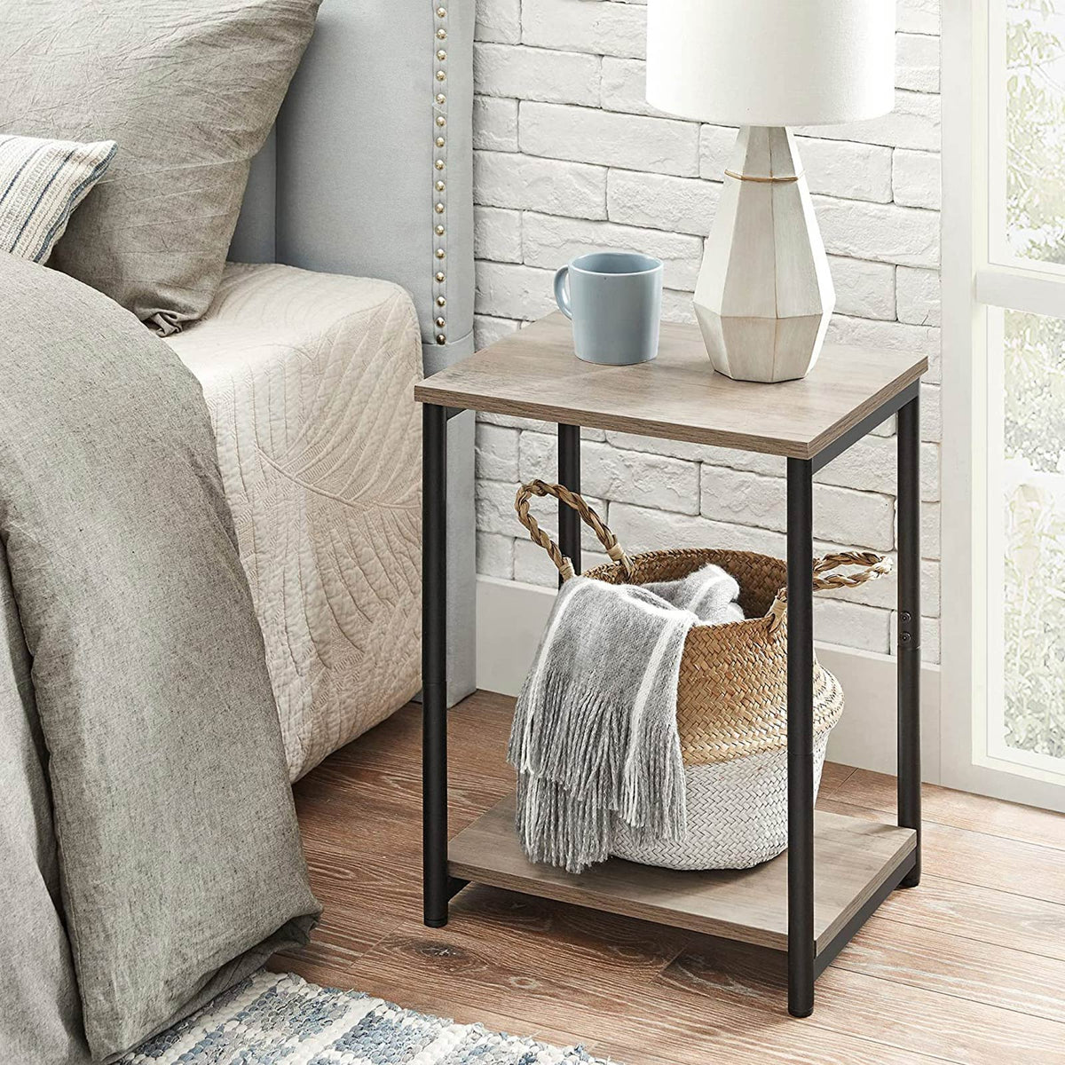 End Tables Set of 2, Side Tables with Storage Shelf, Slim Night Tables, Steel Frame