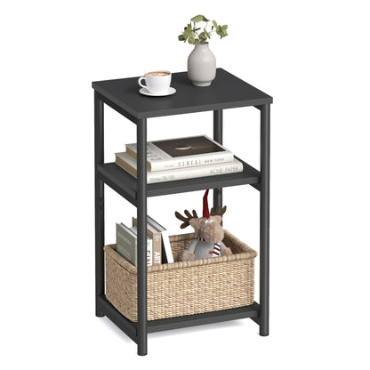 Tall Side Table, End Table with Storage Shelves, 3-Tier Slim Table, Steel Frame, Industrial Black