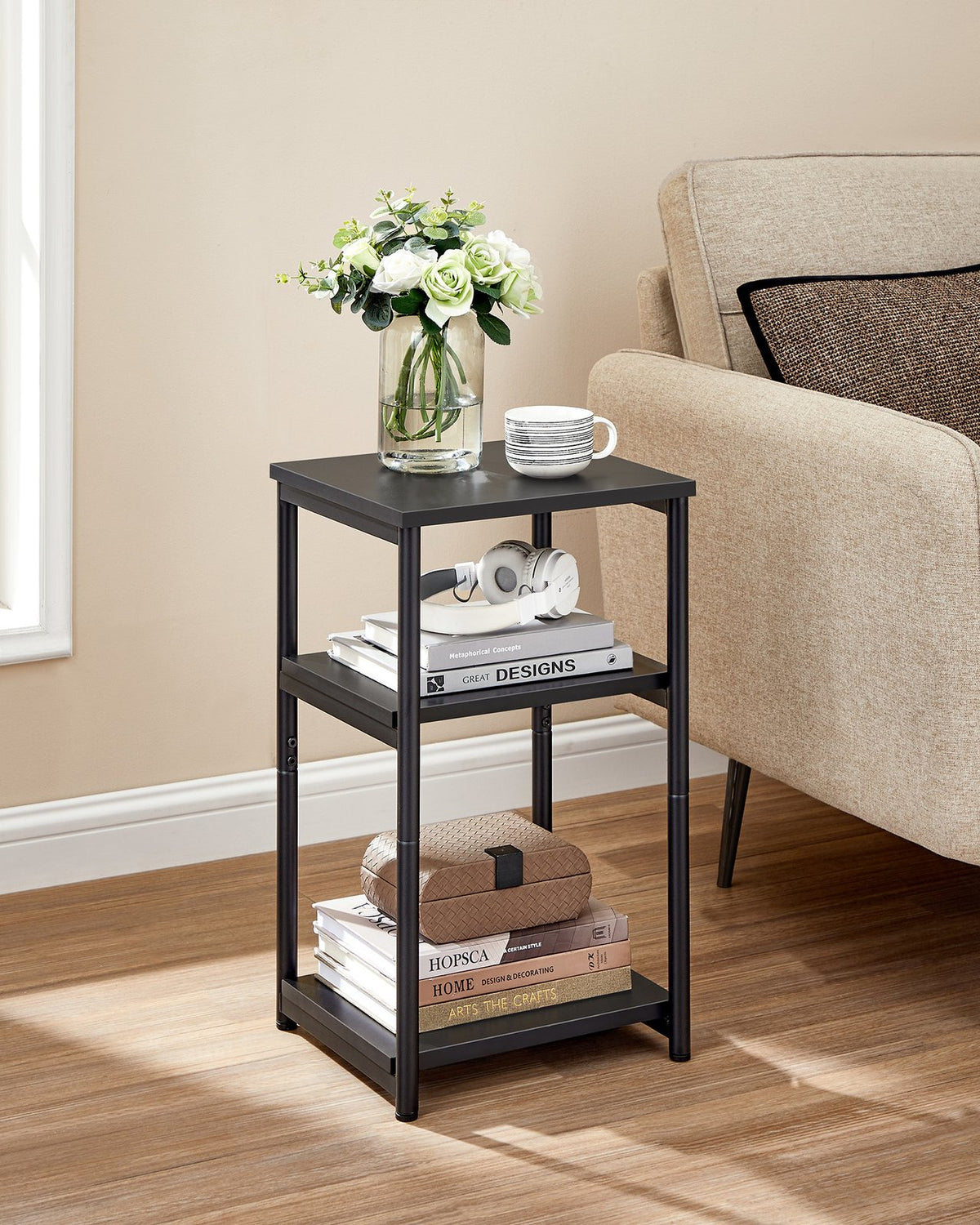Tall Side Table, End Table with Storage Shelves, 3-Tier Slim Table, Steel Frame, Industrial Black