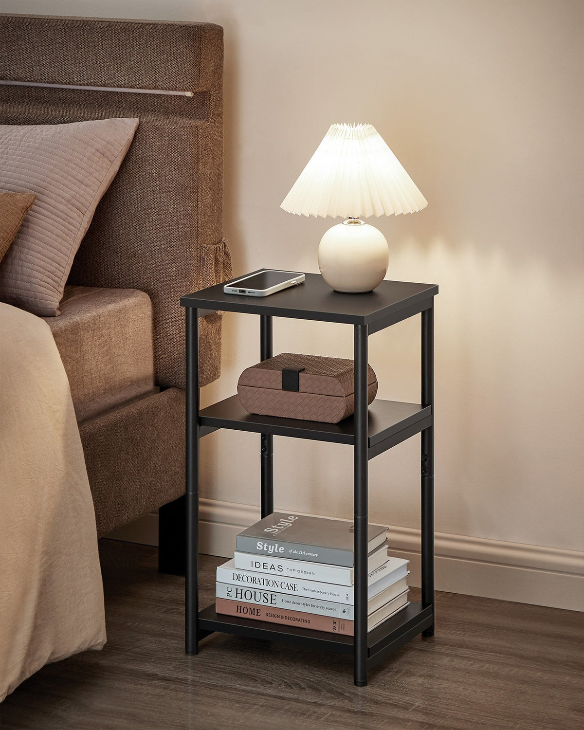 Tall Side Table, End Table with Storage Shelves, 3-Tier Slim Table, Steel Frame, Industrial Black