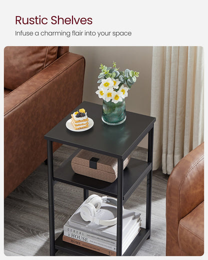 Tall Side Table, End Table with Storage Shelves, 3-Tier Slim Table, Steel Frame, Industrial Black