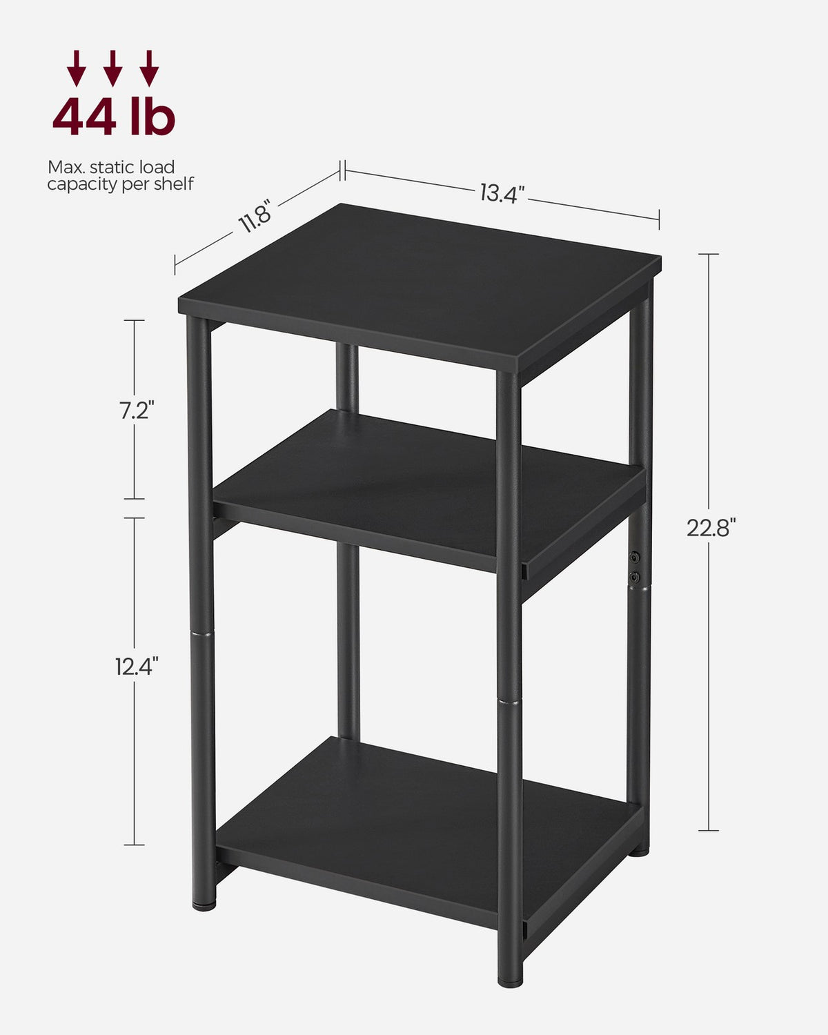 Tall Side Table, End Table with Storage Shelves, 3-Tier Slim Table, Steel Frame, Industrial Black