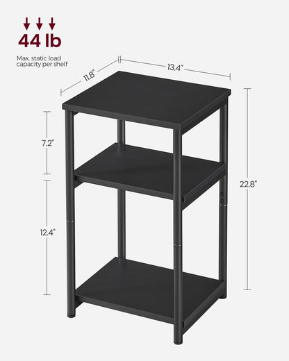 Tall Side Table, End Table with Storage Shelves, 3-Tier Slim Table, Steel Frame, Industrial Black