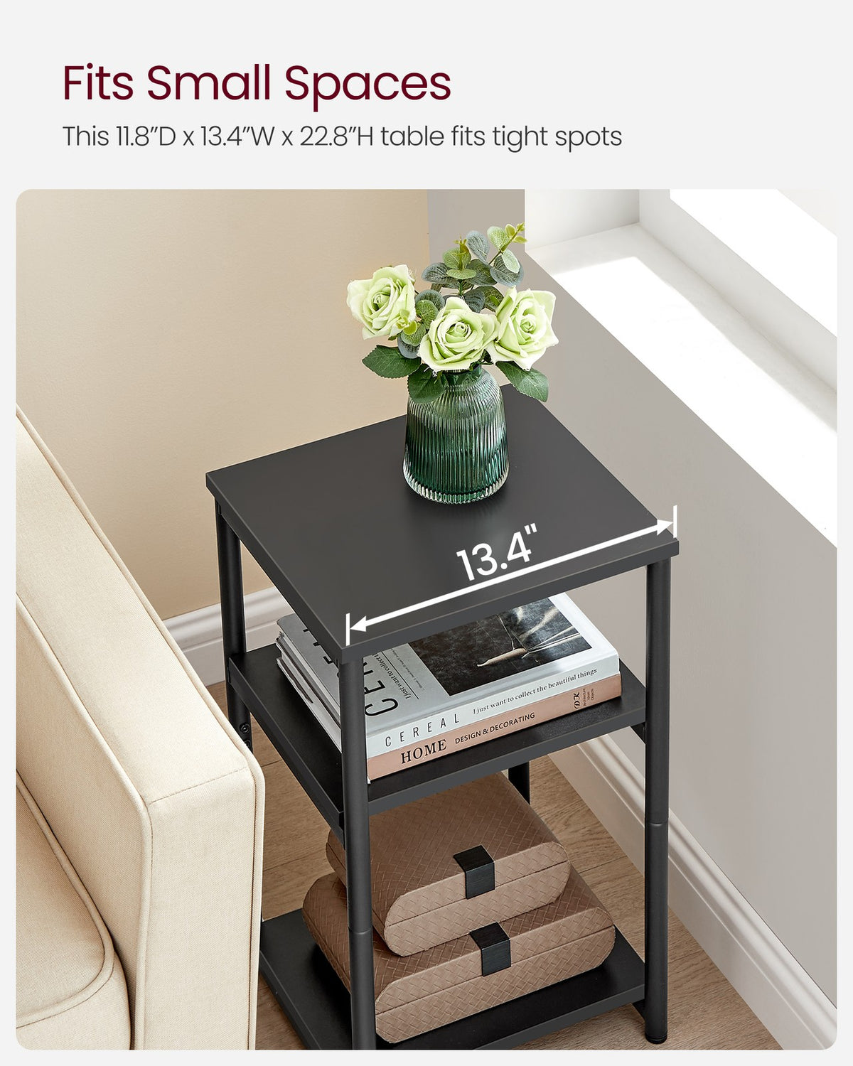 Tall Side Table, End Table with Storage Shelves, 3-Tier Slim Table, Steel Frame, Industrial Black