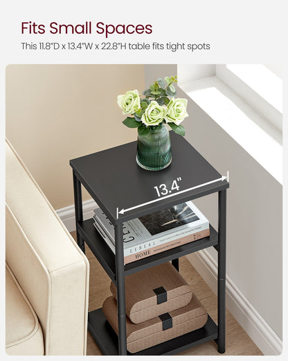Tall Side Table, End Table with Storage Shelves, 3-Tier Slim Table, Steel Frame, Industrial Black