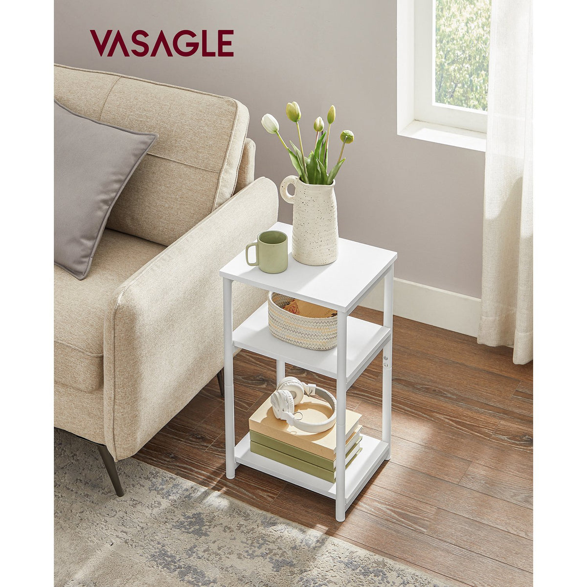 Tall Side Table, End Table with Storage Shelves, 3-Tier Slim Table, Steel Frame, for Living Room, Study, Bedroom, Industrial, White
