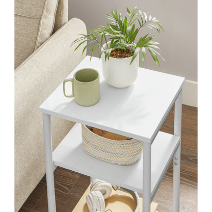 Tall Side Table, End Table with Storage Shelves, 3-Tier Slim Table, Steel Frame, for Living Room, Study, Bedroom, Industrial, White