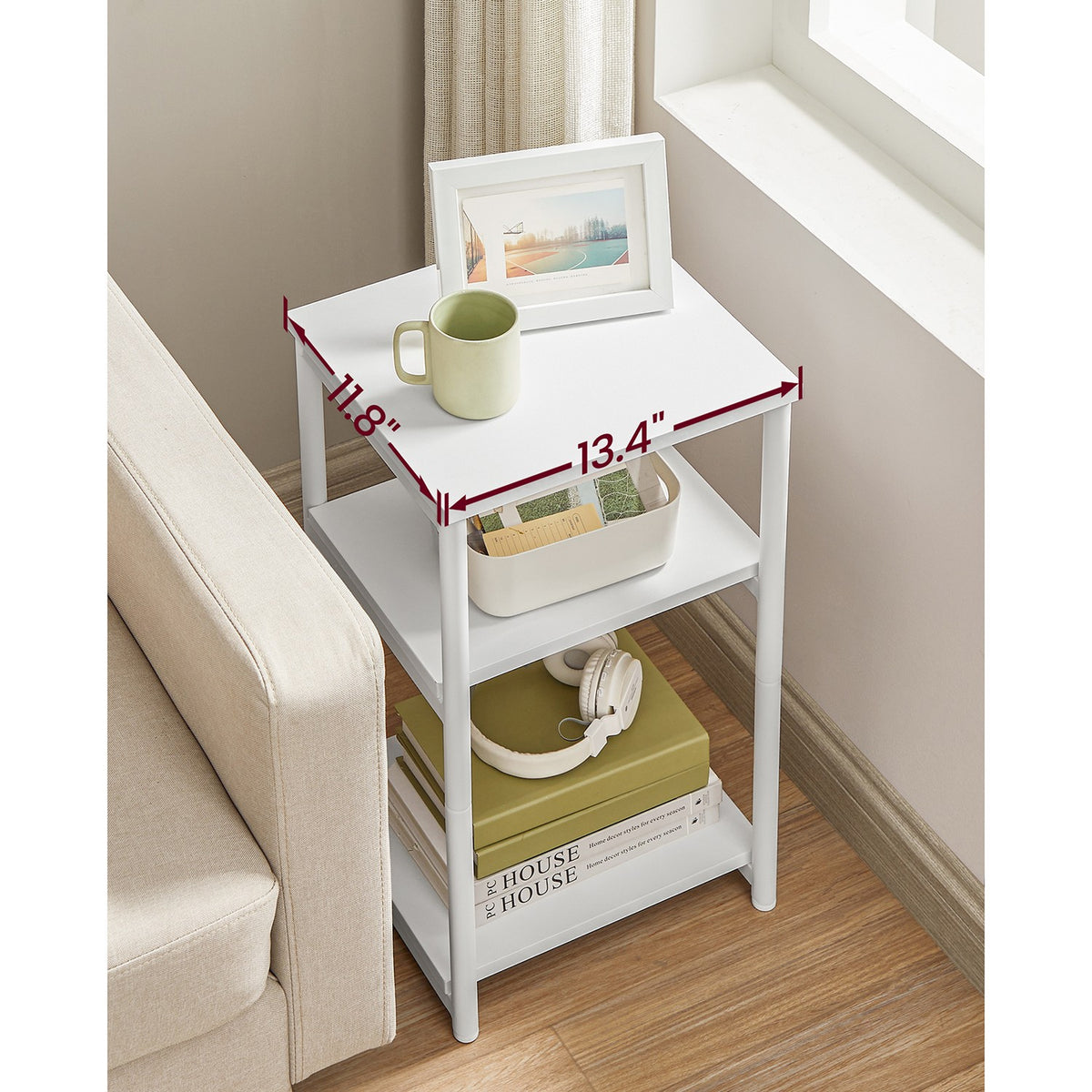 Tall Side Table, End Table with Storage Shelves, 3-Tier Slim Table, Steel Frame, for Living Room, Study, Bedroom, Industrial, White