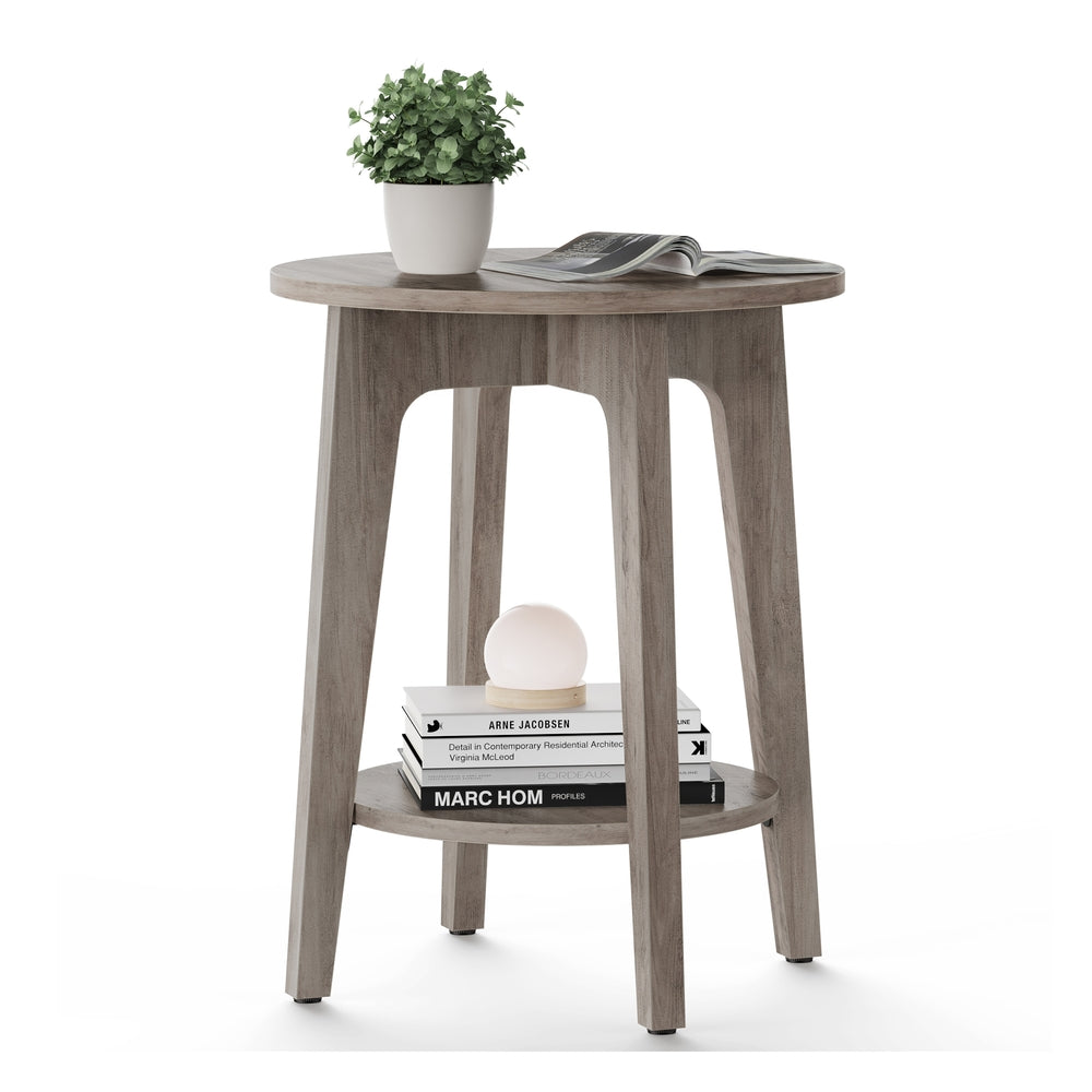 Side Table, Small Round End Table with Lower Shelf, Nightstand for Small Spaces, Modern Farmhouse Style, Greige - image 1