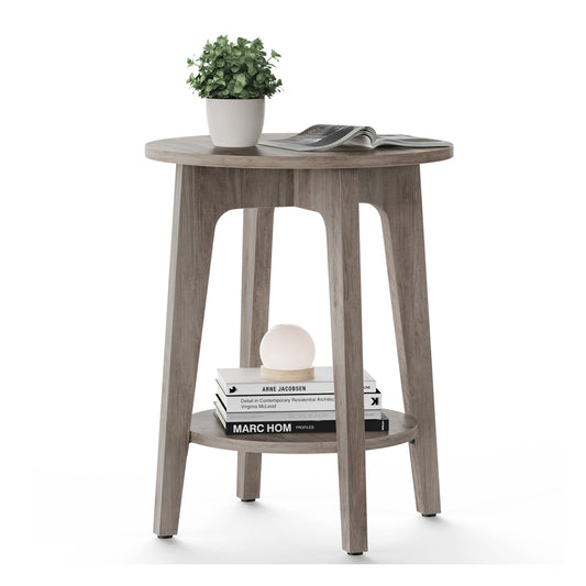 Side Table, Small Round End Table with Lower Shelf, Nightstand for Small Spaces, Modern Farmhouse Style, Greige - image 1