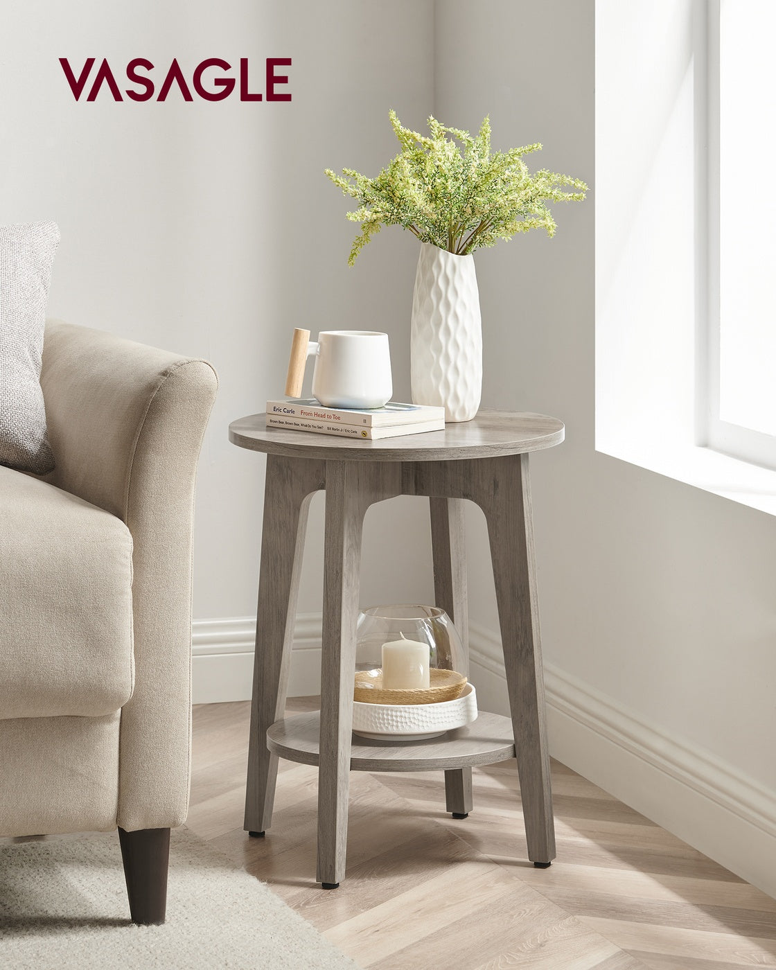 Side Table, Small Round End Table with Lower Shelf, Nightstand for Small Spaces, Modern Farmhouse Style, Greige - image 2