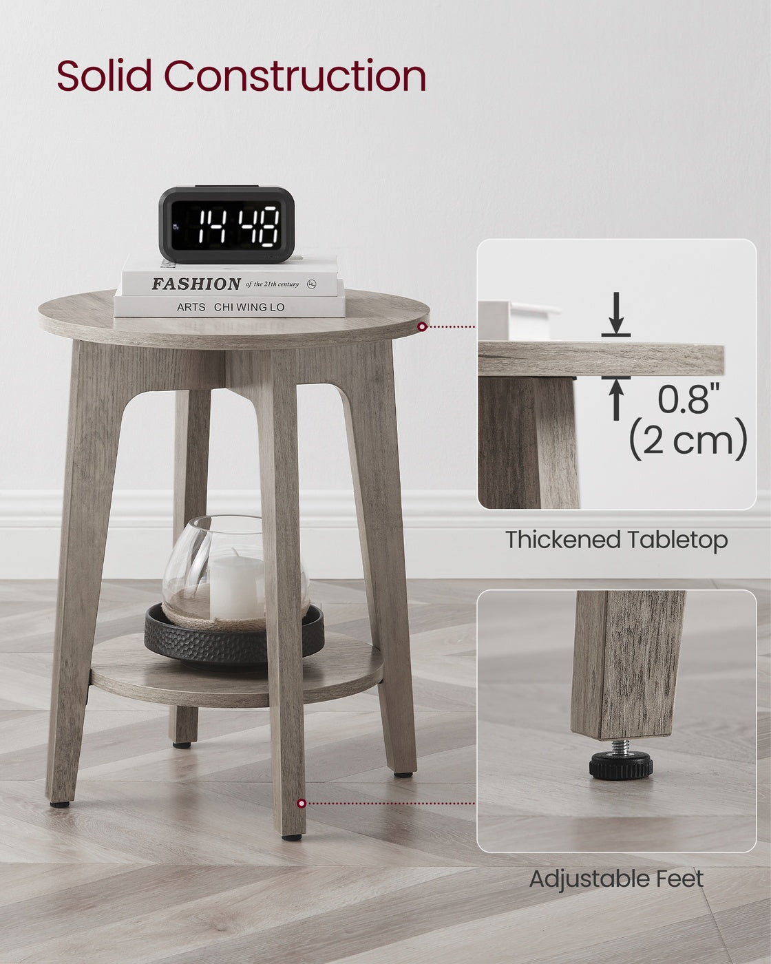 Side Table, Small Round End Table with Lower Shelf, Nightstand for Small Spaces, Modern Farmhouse Style, Greige - image 4