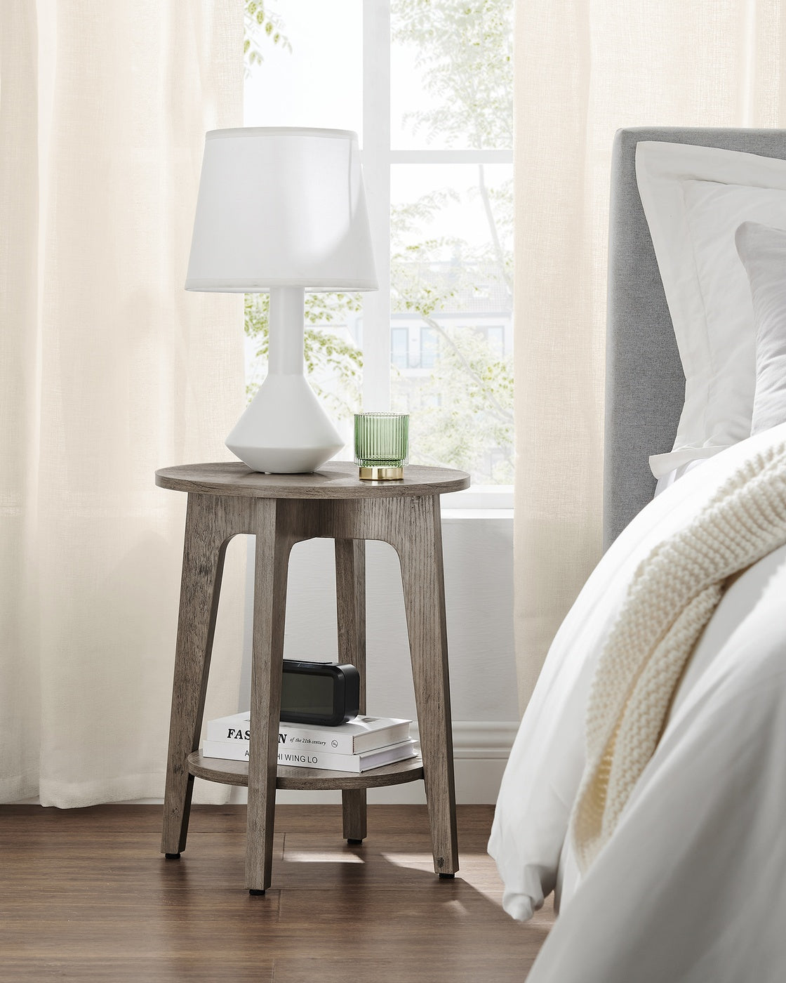 Side Table, Small Round End Table with Lower Shelf, Nightstand for Small Spaces, Modern Farmhouse Style, Greige - image 8