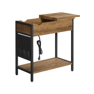End Table with Charging Station, Side Table with USB Ports and Outlets, Nightstand with Storage, Fabric Bags, for Living Room, Bedroom, Rustic Walnut and Black