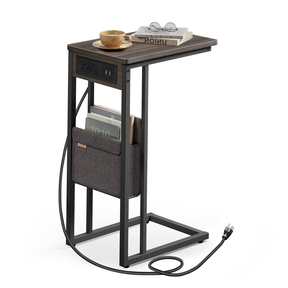 C-Shaped Side Table with Charging Station - Ash Brown / With Plug