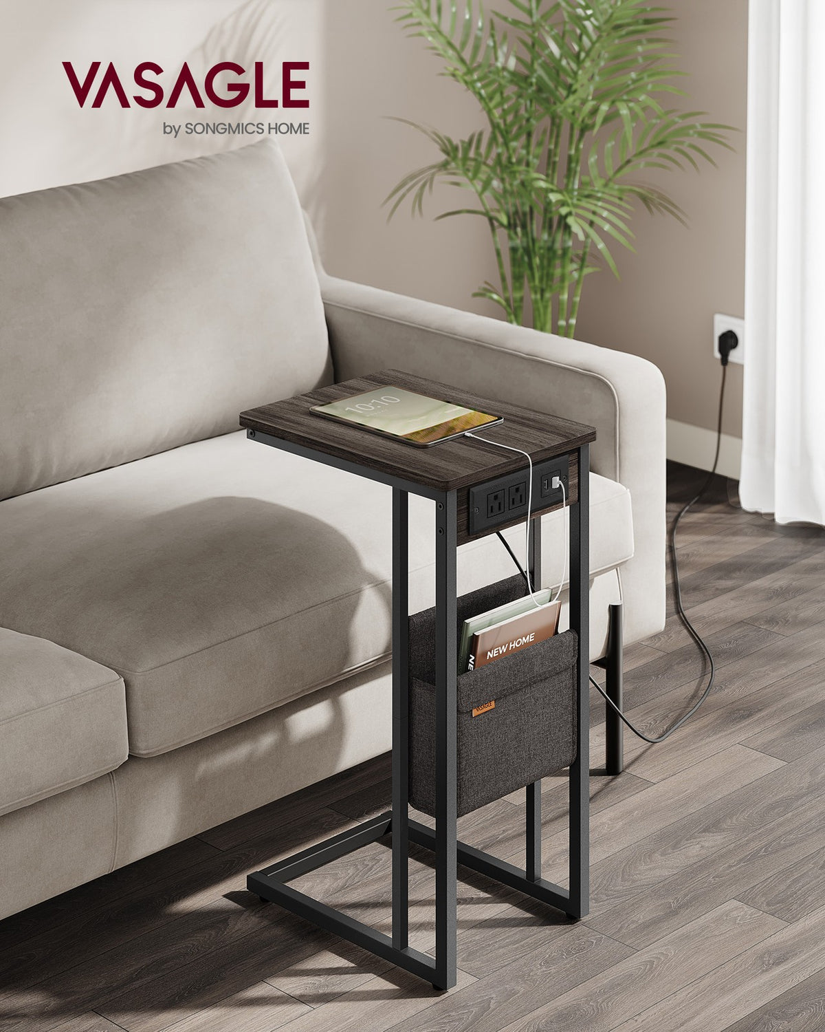 C-Shaped Side Table with Charging Station