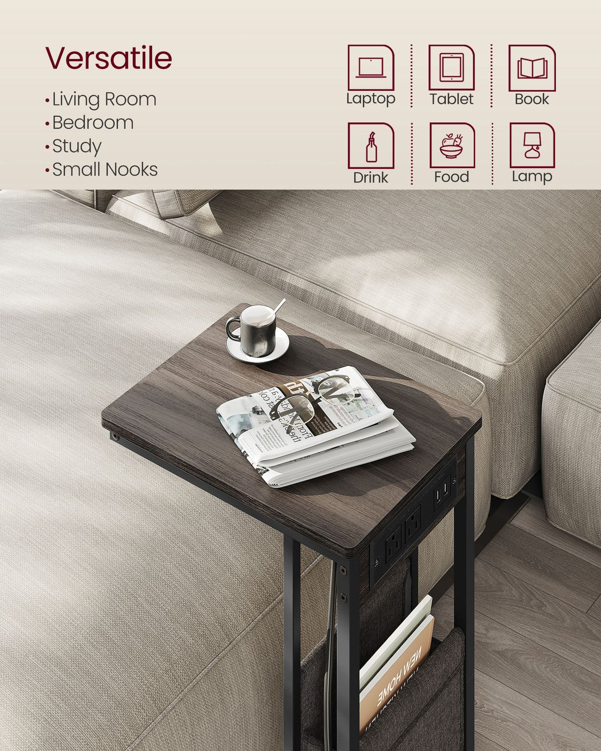 C-Shaped Side Table with Charging Station