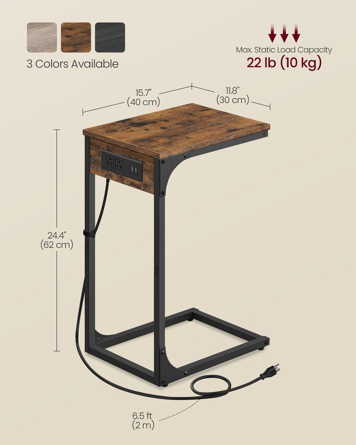 C-Shaped Side Table with Charging Station